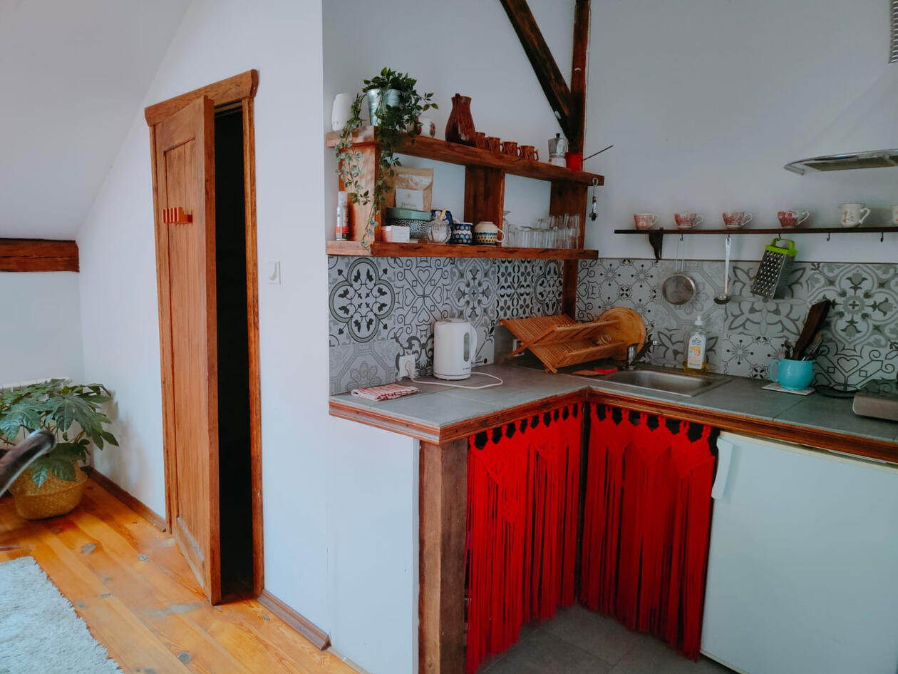 Pokój ognia w Centrum Holistyczne Radzie Wnętrze pokoju ognia, widoczny aneks kuchenny w pokoju